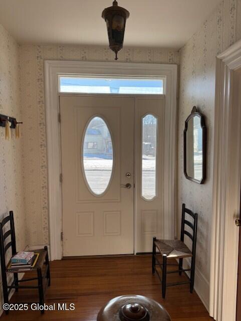 foyer entrance with a healthy amount of sunlight and dark hardwood / wood-style flooring