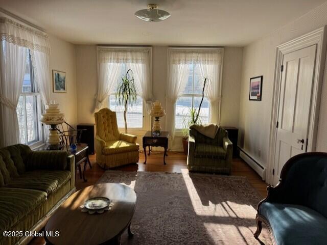 living area featuring a baseboard radiator, a healthy amount of sunlight, and dark hardwood / wood-style flooring