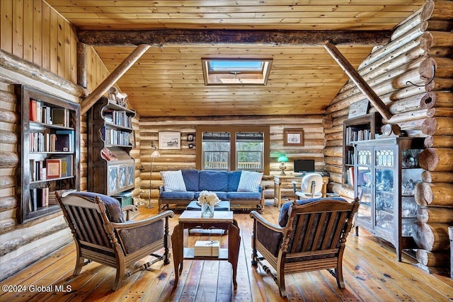 living room featuring hardwood / wood-style flooring, lofted ceiling with skylight, rustic walls, and wooden ceiling