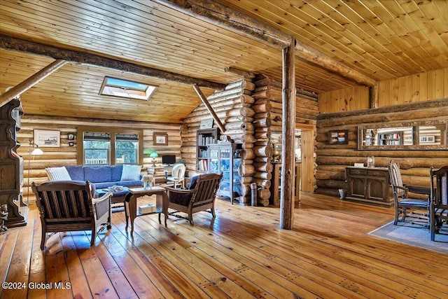 living room featuring hardwood / wood-style flooring, wooden ceiling, log walls, and vaulted ceiling with beams