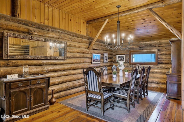 dining room featuring dark wood-type flooring, wooden ceiling, and an inviting chandelier