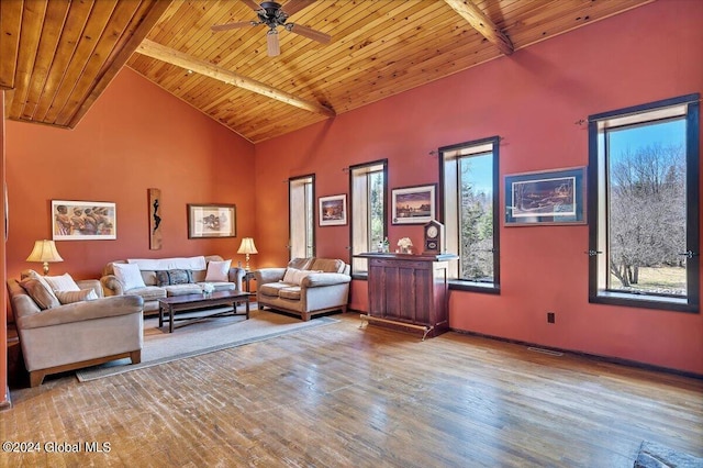 living room with beamed ceiling, wood-type flooring, wooden ceiling, and high vaulted ceiling