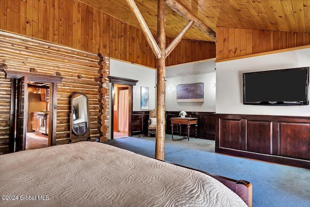 unfurnished bedroom featuring carpet flooring, high vaulted ceiling, and wooden ceiling