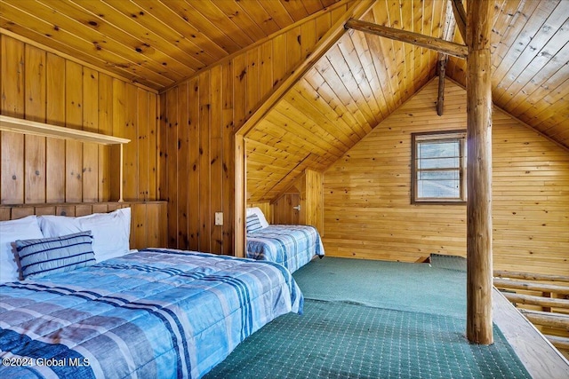 unfurnished bedroom featuring lofted ceiling, wooden walls, carpet, and wooden ceiling