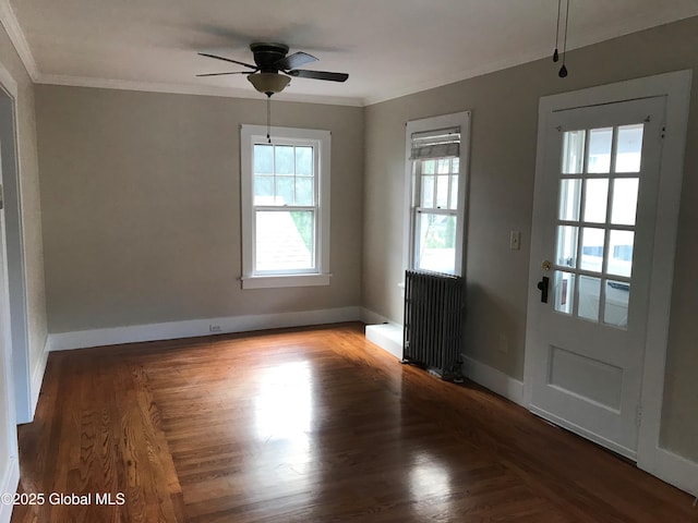 interior space with dark hardwood / wood-style flooring, radiator, ornamental molding, and ceiling fan