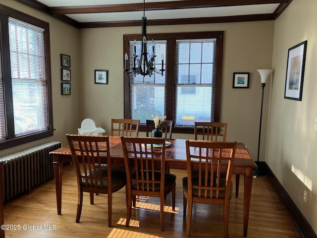 dining room with an inviting chandelier, beamed ceiling, radiator heating unit, and hardwood / wood-style flooring