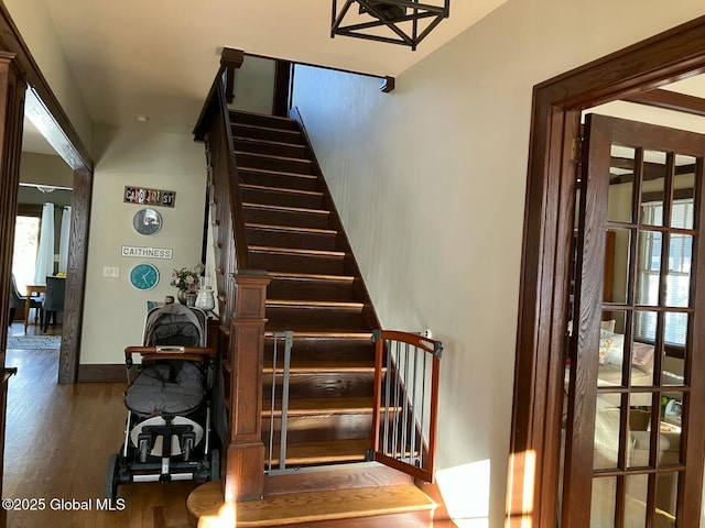 stairs with hardwood / wood-style flooring