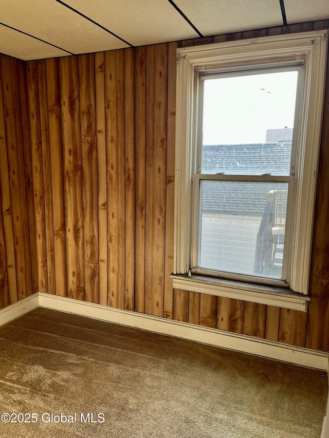 carpeted empty room featuring wood walls