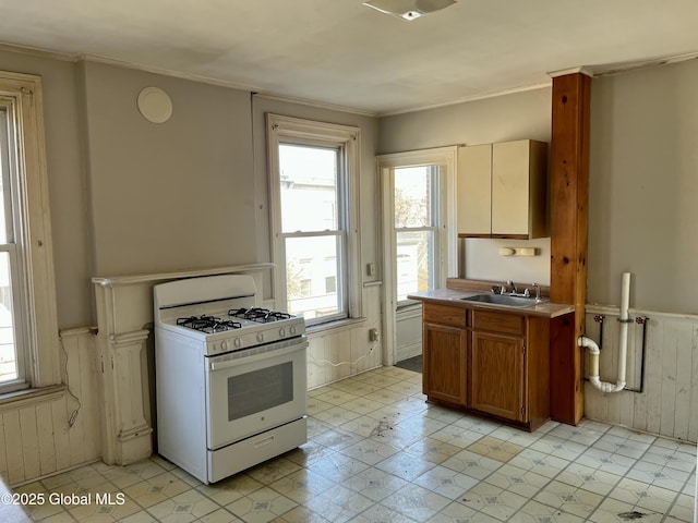 kitchen featuring crown molding, wooden walls, sink, and white gas stove