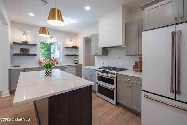 kitchen with wall chimney range hood, gray cabinetry, high quality appliances, light stone counters, and a kitchen island