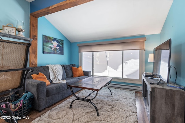 living room featuring vaulted ceiling with beams and light wood-type flooring