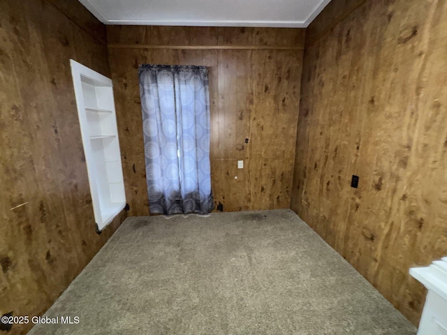 carpeted empty room with wood walls