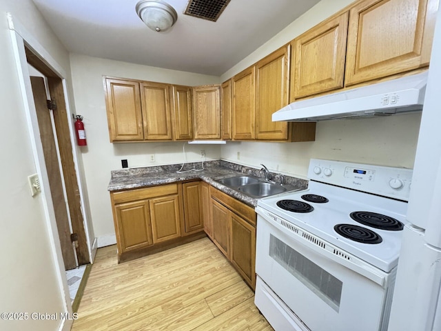 kitchen with electric stove, sink, and light hardwood / wood-style flooring