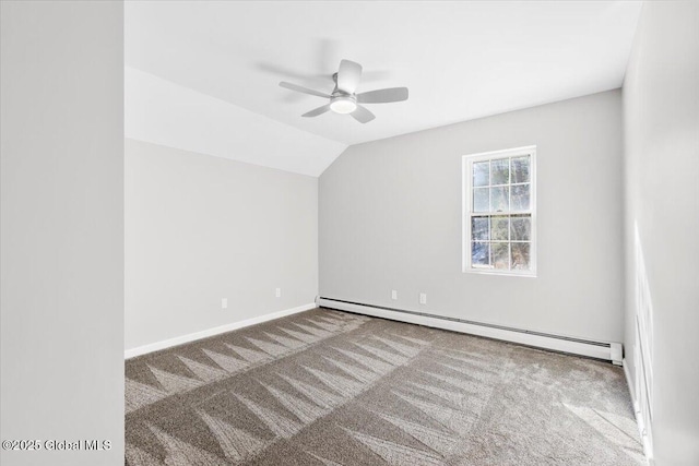 additional living space with lofted ceiling, carpet floors, a baseboard radiator, and ceiling fan