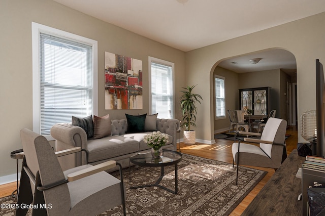 living room featuring dark wood-type flooring