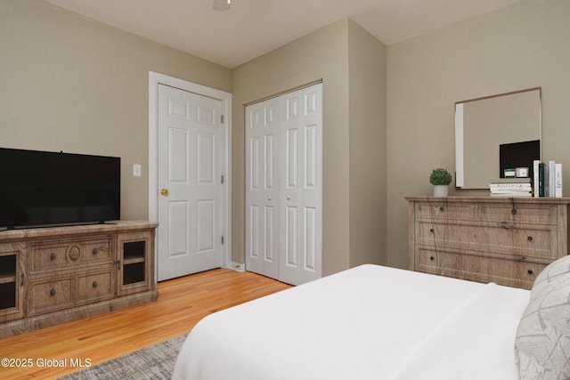 bedroom with hardwood / wood-style floors and a closet