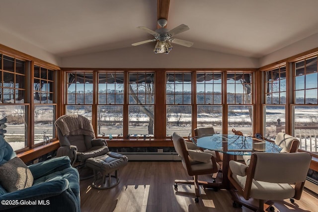 sunroom / solarium with lofted ceiling and ceiling fan