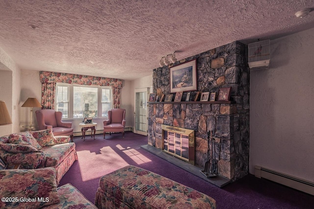 carpeted living room featuring a stone fireplace, a textured ceiling, and baseboard heating