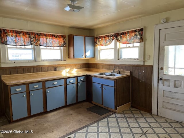 kitchen with wood walls, sink, and a wealth of natural light