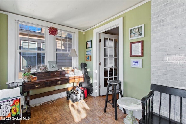 misc room with parquet flooring