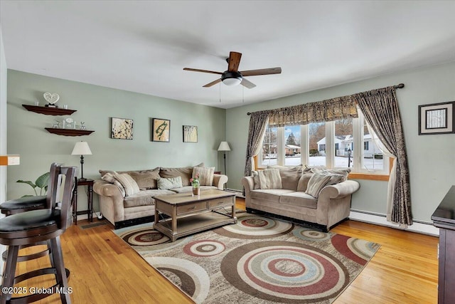 living room featuring ceiling fan, light hardwood / wood-style flooring, and a baseboard heating unit