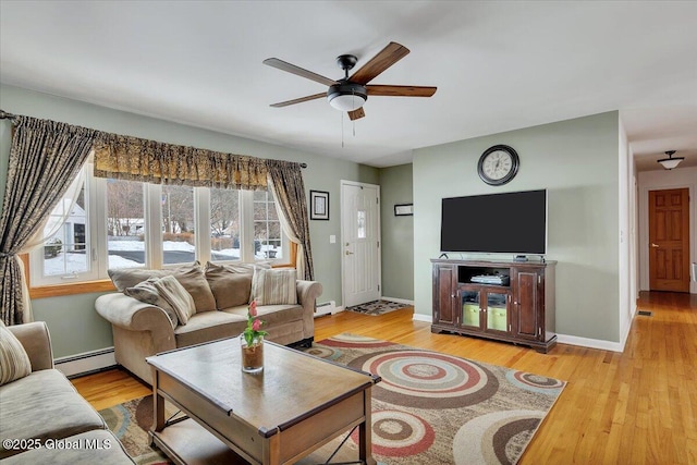 living room featuring light hardwood / wood-style flooring, ceiling fan, and baseboard heating