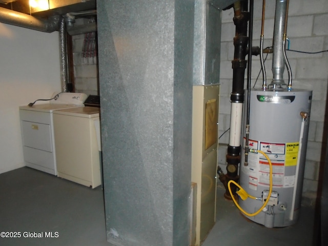 utilities with water heater, heating unit, and separate washer and dryer