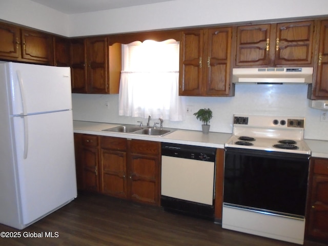 kitchen featuring under cabinet range hood, a sink, dark wood finished floors, white appliances, and light countertops