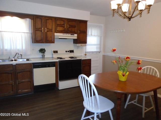 kitchen with under cabinet range hood, dishwasher, light countertops, electric range, and a sink