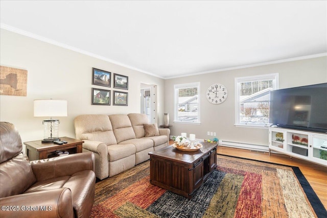 living room with a baseboard radiator, dark wood-type flooring, and ornamental molding