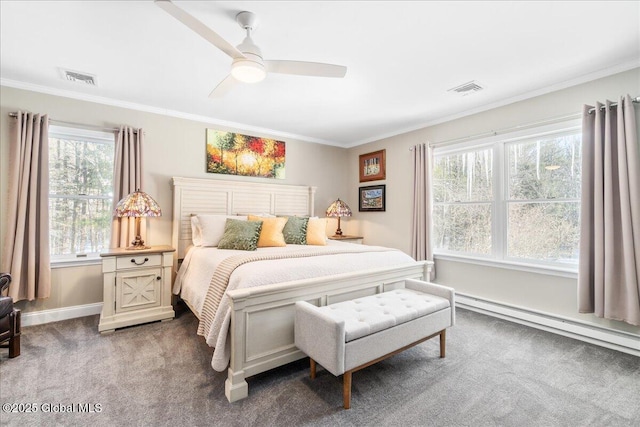 bedroom featuring ceiling fan, crown molding, carpet floors, and a baseboard radiator