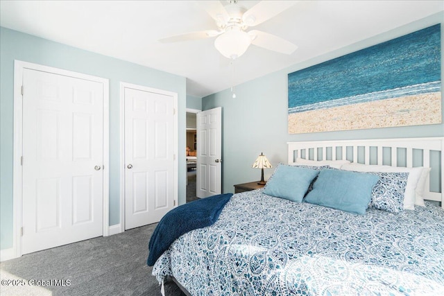 carpeted bedroom featuring ceiling fan