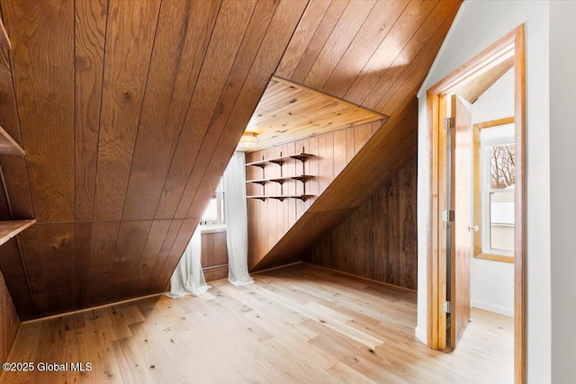 bonus room featuring light hardwood / wood-style floors, wood ceiling, and wood walls