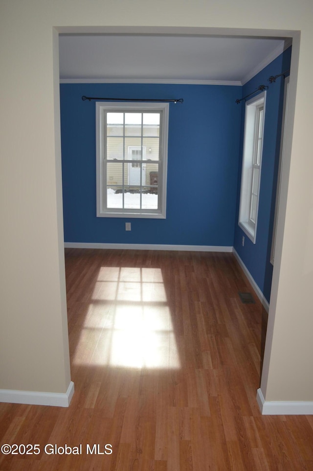 unfurnished room with crown molding and wood-type flooring