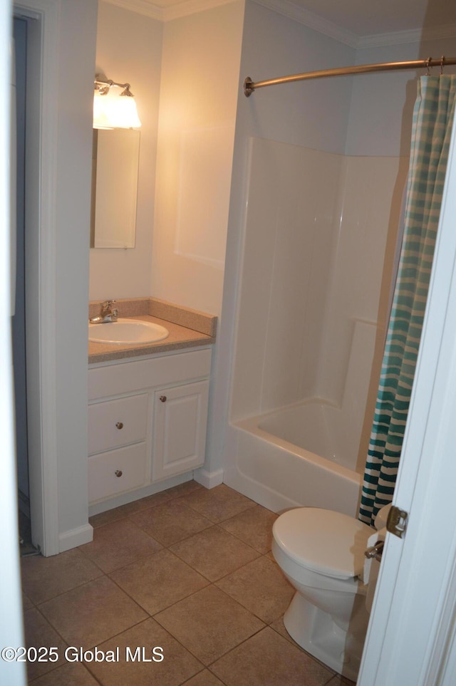 full bathroom with toilet, crown molding, shower / tub combo, vanity, and tile patterned flooring