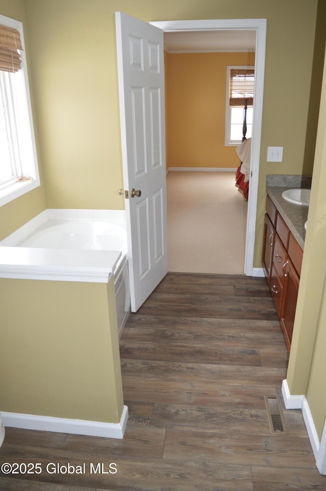 bathroom featuring a bathing tub, wood-type flooring, and vanity