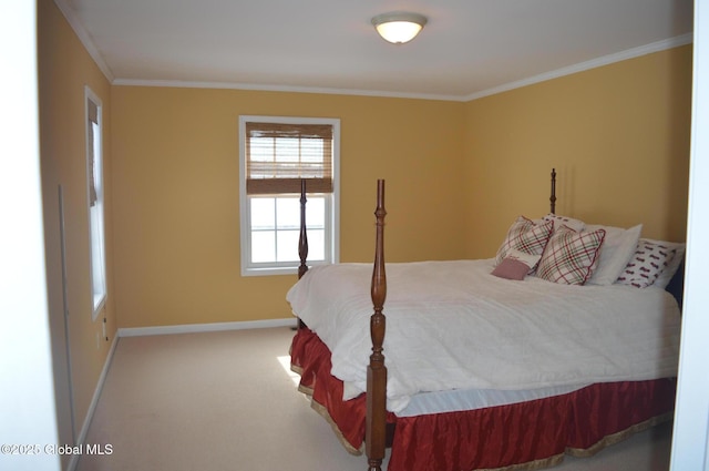 carpeted bedroom featuring crown molding