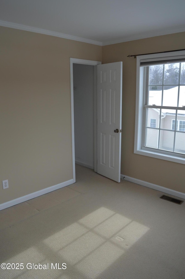 unfurnished room featuring ornamental molding and carpet