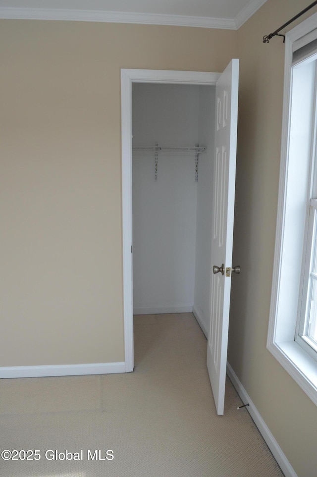 unfurnished bedroom featuring crown molding, light carpet, and a closet