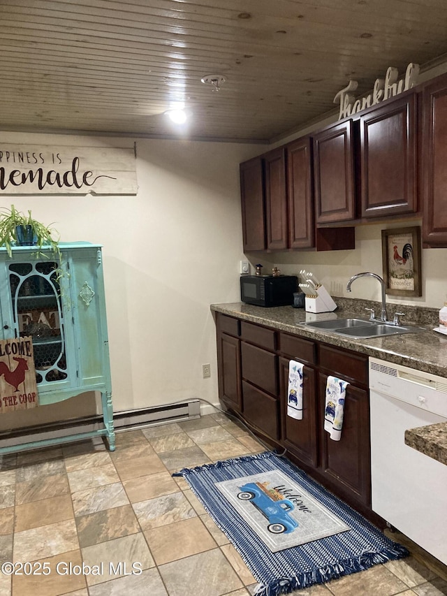 kitchen featuring dark countertops, wooden ceiling, a sink, black microwave, and dishwasher