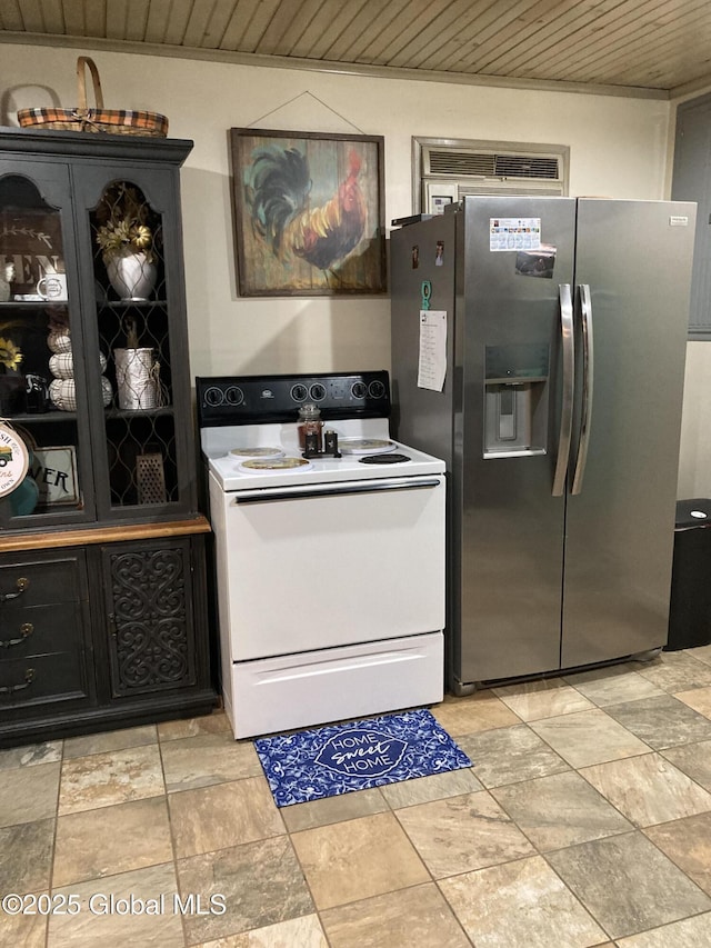 kitchen with stainless steel fridge, wooden ceiling, glass insert cabinets, stone finish flooring, and white range with electric cooktop