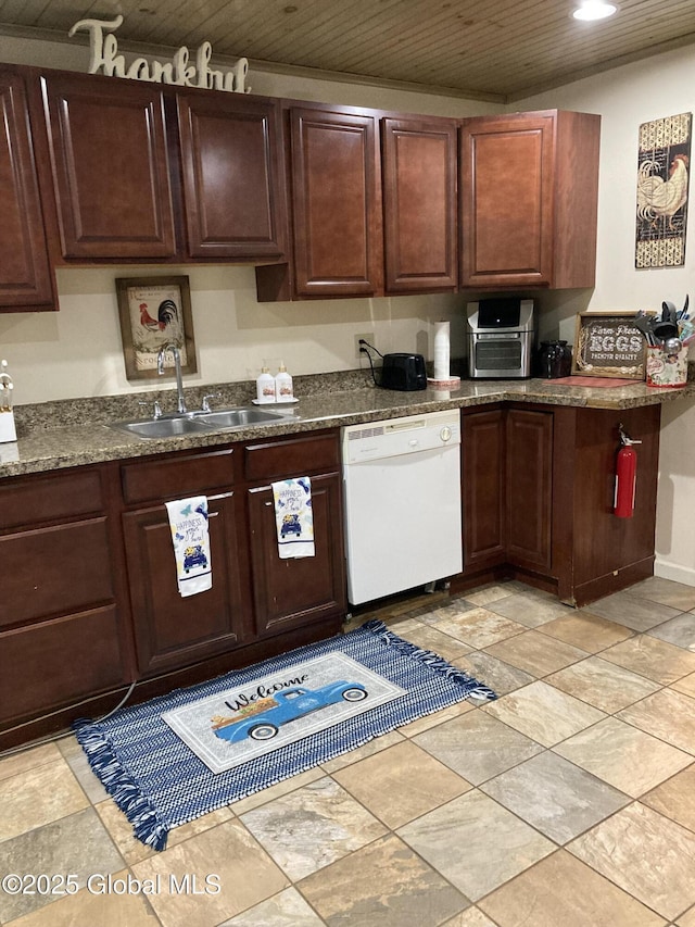 kitchen featuring dishwasher, dark countertops, a sink, and wood ceiling