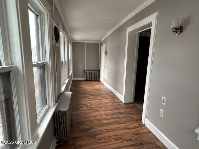 hall featuring ornamental molding, radiator heating unit, and dark hardwood / wood-style flooring