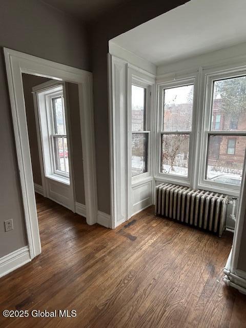 interior space with radiator and dark hardwood / wood-style flooring