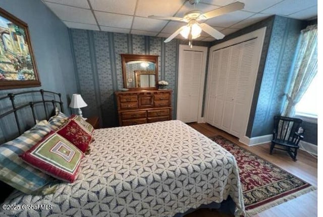 bedroom featuring hardwood / wood-style flooring, a paneled ceiling, and ceiling fan