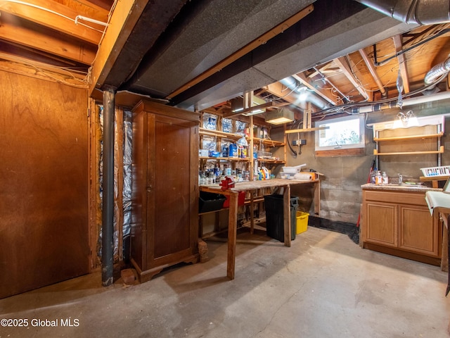 basement featuring sink and a workshop area