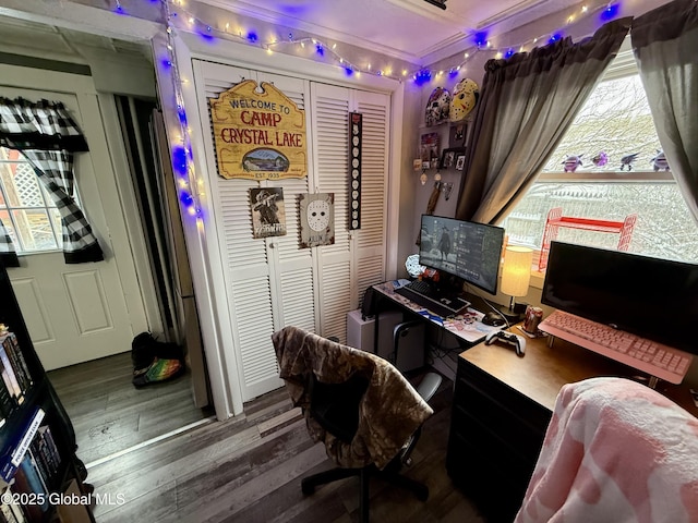 home office featuring hardwood / wood-style floors and crown molding