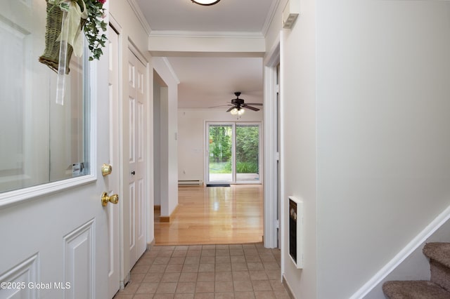 26 Queens Way, Queensbury, NY 12804 - corridor featuring ornamental molding, stairway, and a baseboard radiator