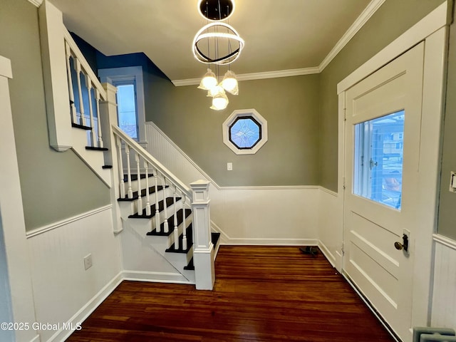 foyer entrance featuring dark hardwood / wood-style flooring, ornamental molding, and a chandelier