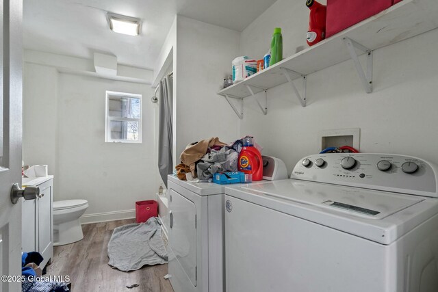 laundry room with washer and dryer and light wood-type flooring